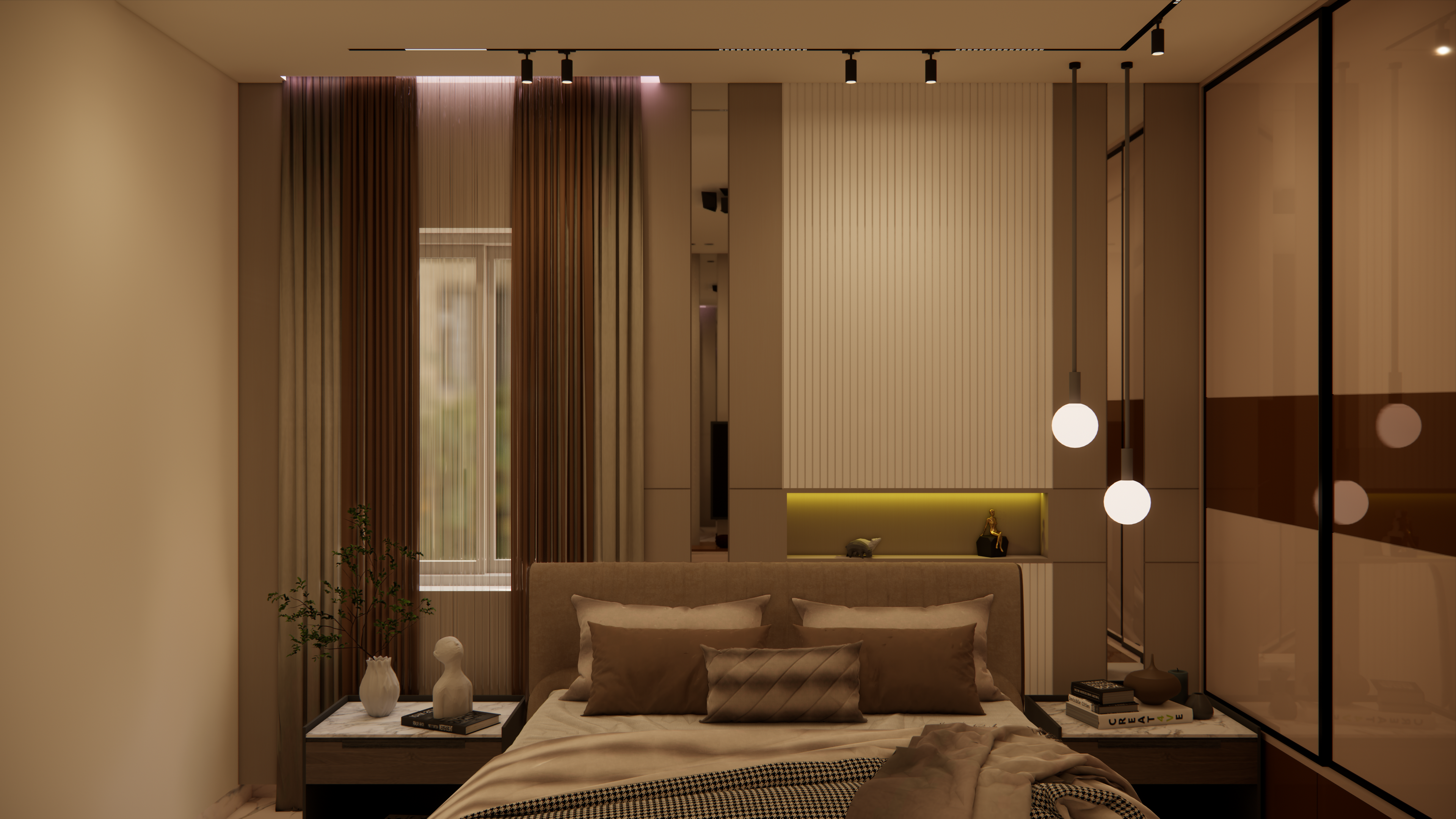Elegant bedroom suite with a made bed and soft lighting in a calm sleeping area