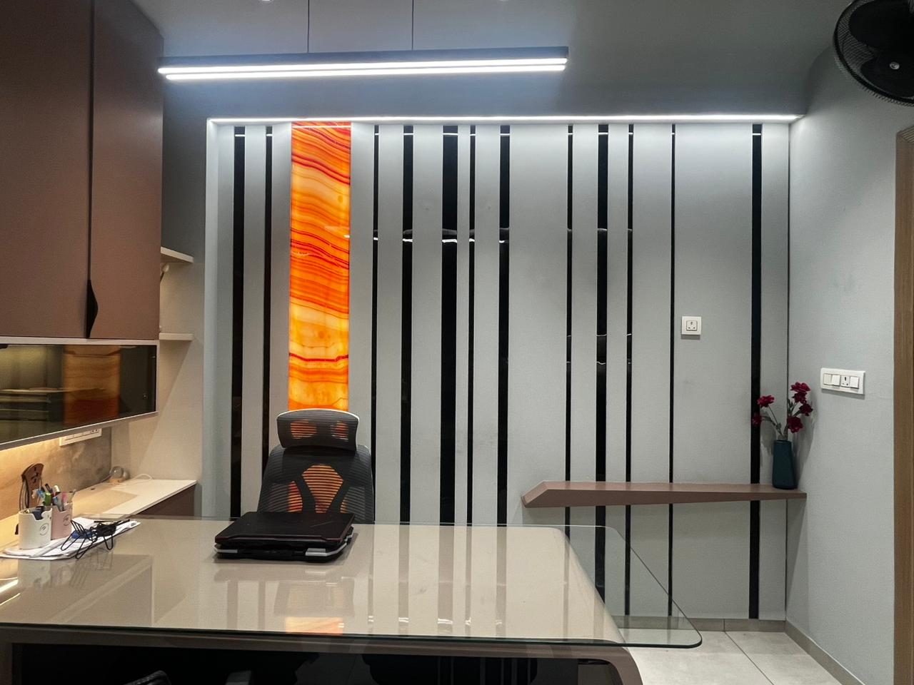 Corporate office workspace with desks and professional furnishings in a clean environment